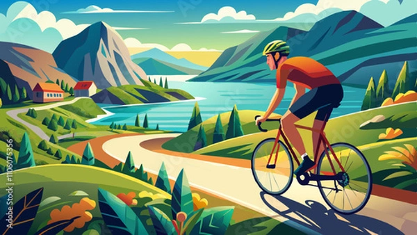 Fototapeta Cyclist enjoying a picturesque ride along a scenic landscape with mountains and a serene lake