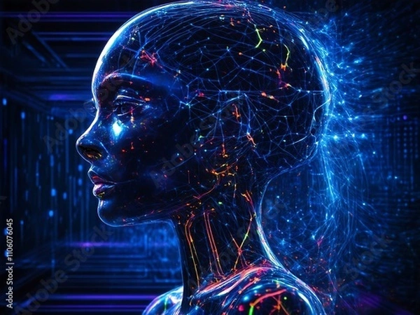 Fototapeta Humanoid's head with code background.