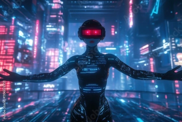 Fototapeta A female robot with arms outstretched, wearing red and blue LED goggles on her head, stands in the middle of an immersive space surrounded by digital screens, in the style of a cyberpunk style.