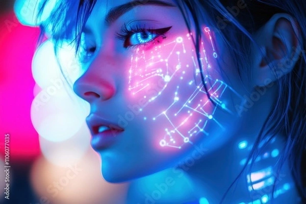 Fototapeta Beautiful girl with a glowing face and digital constellations on her skin, in the style of cyberpunk, with neon lights and a futuristic vibe.
