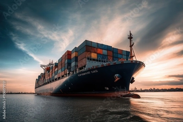 Fototapeta Large cargo ship navigating calm waters.
