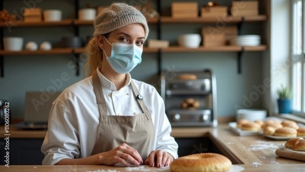 Fototapeta A baker stands at a wooden counter in a bakery, wearing a mask and focused on shaping bread. Freshly baked goods fill the shelves behind her, creating a warm atmosphere