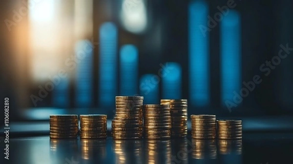 Fototapeta A bar graph with ascending blue bars and stacks of gold coins around the base