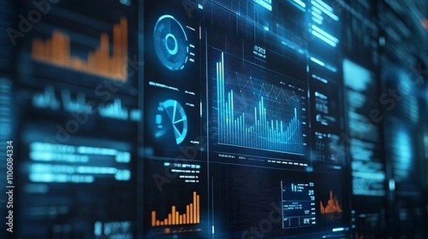 Fototapeta A digital financial report with pie charts and a prominent money graph displayed on a monitor