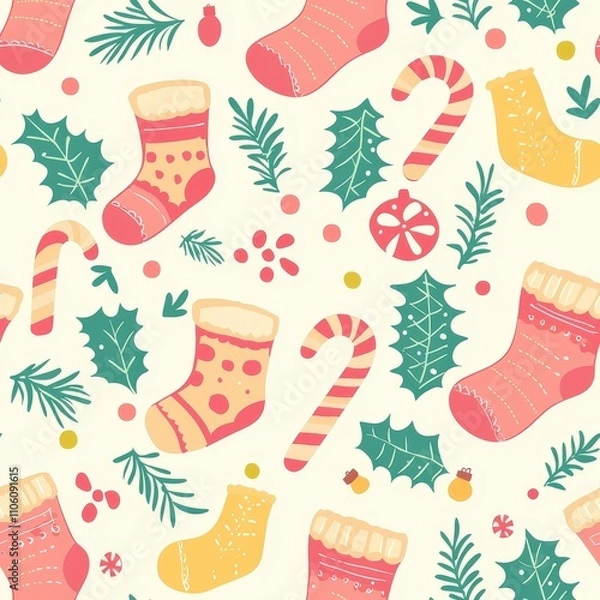 Fototapeta Charming Cartoon Style Seamless Pattern of Festive Christmas Elements in Flat Design
