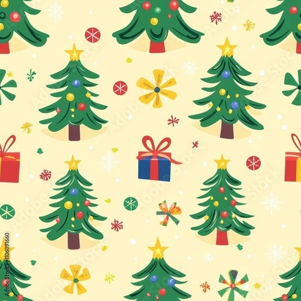 Fototapeta Cartoon Style Seamless Christmas Pattern with Festive Trees Gifts and Ornaments