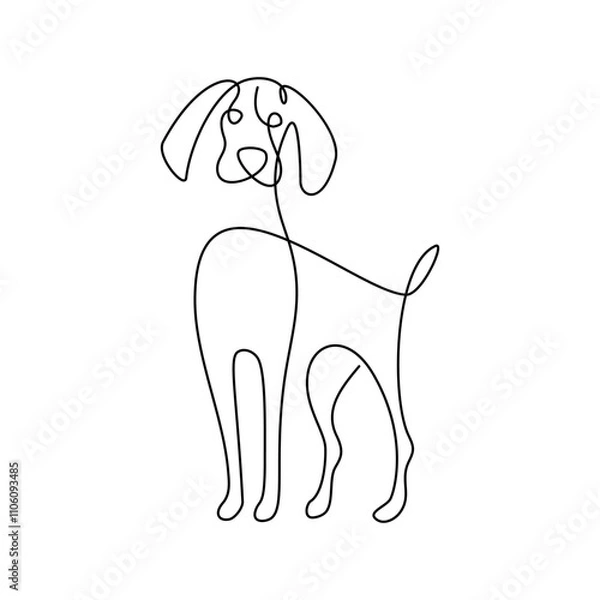 Obraz Cute dog in continuous line art drawing style. Cartoon hunting dog black linear design isolated on white background. Vector illustration