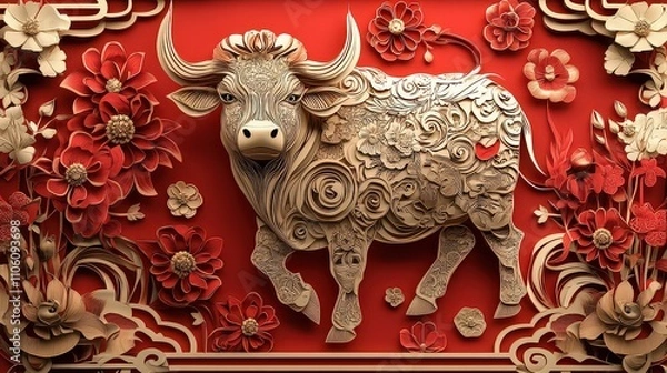 Fototapeta  Papercut art for Year of the Ox featuring majestic ox surrounded by swirling floral patterns, gold ingots, geometric border inspired by traditional Chinese designs.