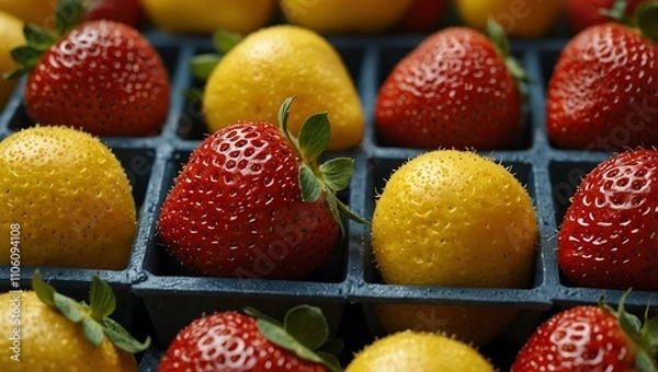 Fototapeta Fresh strawberries and yellow fruit in a container.