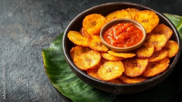 Fototapeta Crispy fried plantain chips in a bowl with spicy tomato sauce, served on a banana leaf.