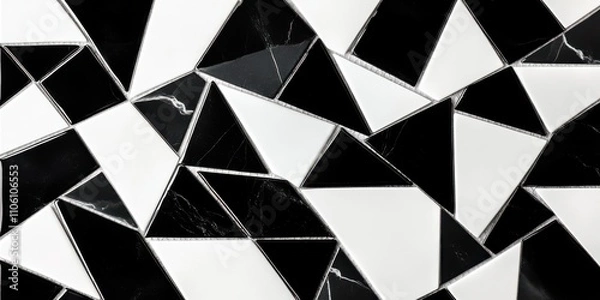 Fototapeta The tile wall features a striking geometric pattern composed of black and white triangles, adding a contemporary touch to the interior decor of the room.