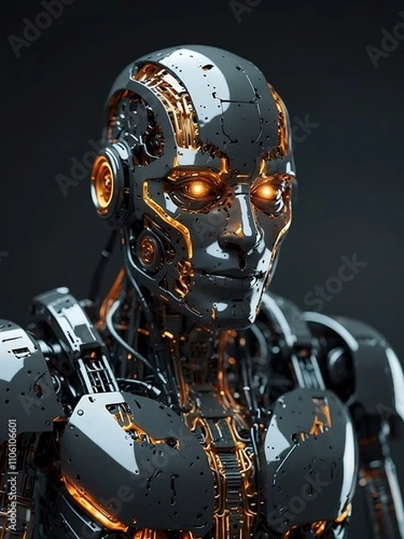 Fototapeta Futuristic AI robot with exposed circuits.