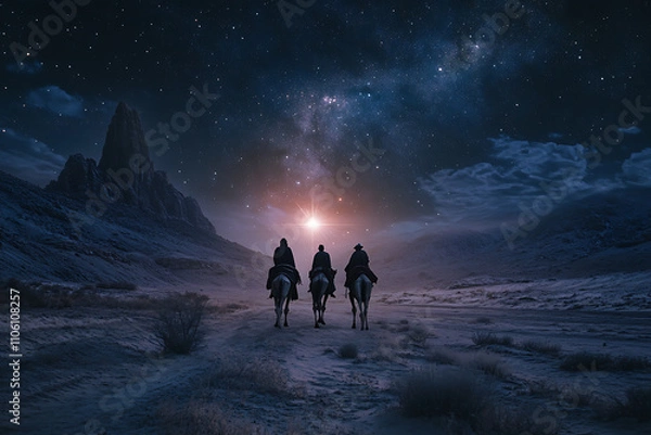 Fototapeta Three wise men on camels, journeying through a moonlit desert under a radiant star. Ideal for Christmas cards, religious content, and holiday illustrations