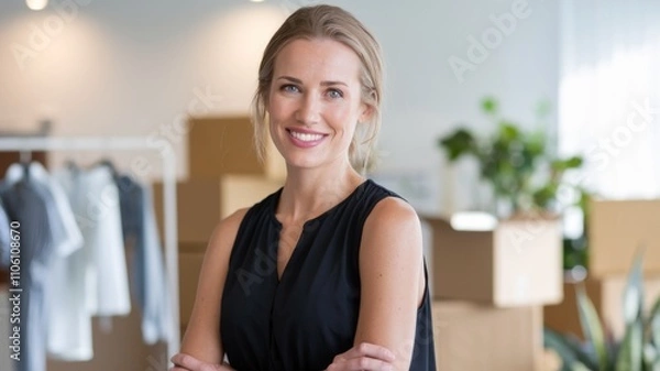 Obraz Headshot of a radiant young woman smiling brightly indoors. The cheerful woman, with a healthy and confident smile, appears delighted as a new renter, tenant, or buyer Generative aI
