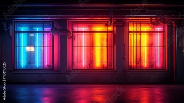 Fototapeta Colorful illumination pours through windows, casting an artistic glow across the sleek interior, creating a captivating atmosphere in the evening