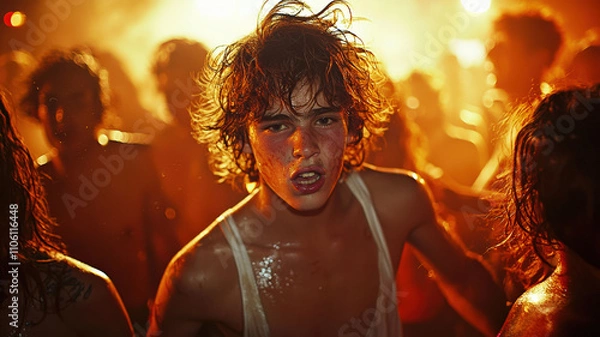 Fototapeta A chaotic nightclub scene depicting two teenagers engaged in a brawl, throwing punches amidst a crowd, with others attempting to intervene and break up the fight, capturing the intensity of the moment