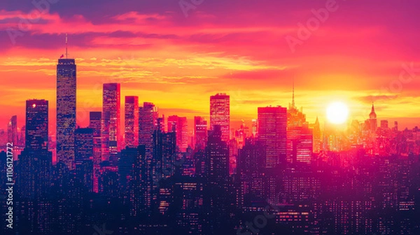 Fototapeta Silhouette of towering skyscrapers set against a breathtaking fiery orange and pink sunset, capturing the beauty of an urban cityscape at dusk.
