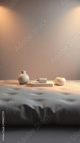 Obraz Product on a gray surface with ambient softbox lights creating a cozy ambiance, warm and inviting, , softbox lights, elegant product