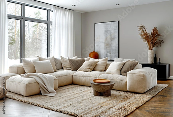 Fototapeta Minimalist, scandinavian home interior design of modern living room. Bright family room with modern beige sectional sofa, soft textiles, and large windows overlooking a serene landscape.