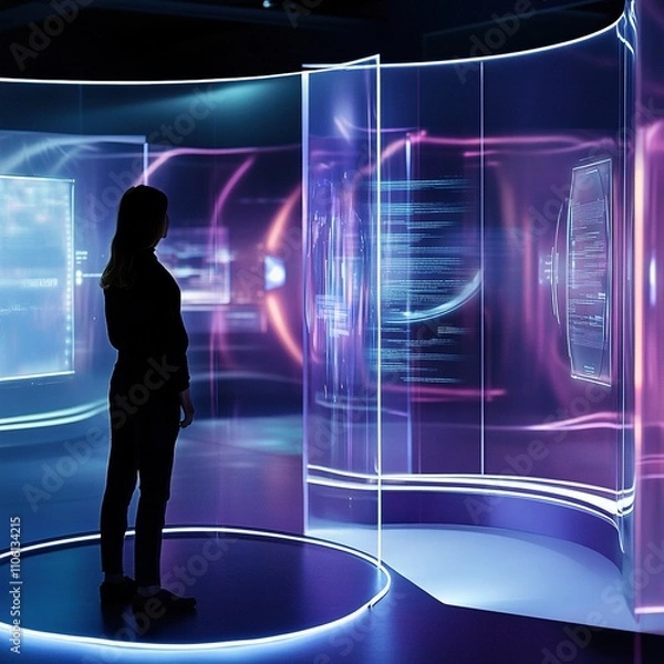 Fototapeta Immersive Tech Startup Booth with Transparent OLED Screens