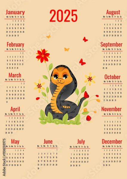Fototapeta Calendar for 2025 with symbol of the year. Cute snake on orange background. Week starts on Monday. Vector illustration in vertical format A4, A5.