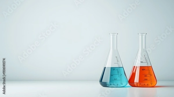 Fototapeta Conical flasks and volumetric flasks side by side, partially filled with vibrant chemicals, placed on a white background.