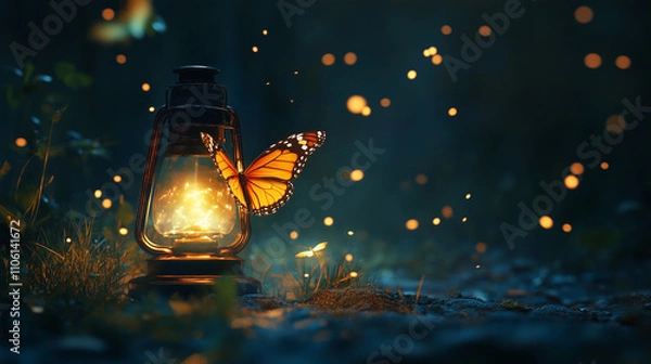 Obraz  Lantern and Butterfly at Night