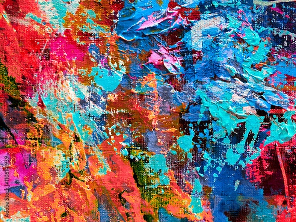 Obraz Vivid colorful  painting.  Background design. Dots , strokes of paint. Textured oil painting.  Hand drawn brush stroke. Multicolored circles. Bright pattern with paint structure. Impasto. Color scheme