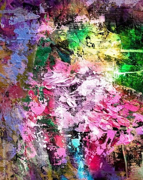Fototapeta Vivid colorful  painting.  Background design. Dots , strokes of paint. Textured oil painting.  Hand drawn brush stroke. Multicolored circles. Bright pattern with paint structure. Impasto. Color scheme