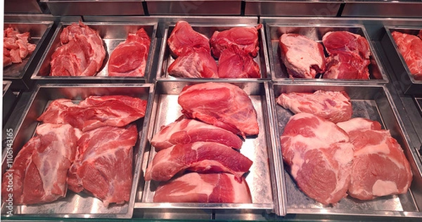 Fototapeta Butcher shop fridge counter with cold raw meat