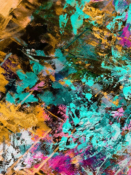 Obraz Vivid colorful  painting.  Background design. Dots , strokes of paint. Textured oil painting.  Hand drawn brush stroke. Multicolored circles. Bright pattern with paint structure. Impasto. Color scheme