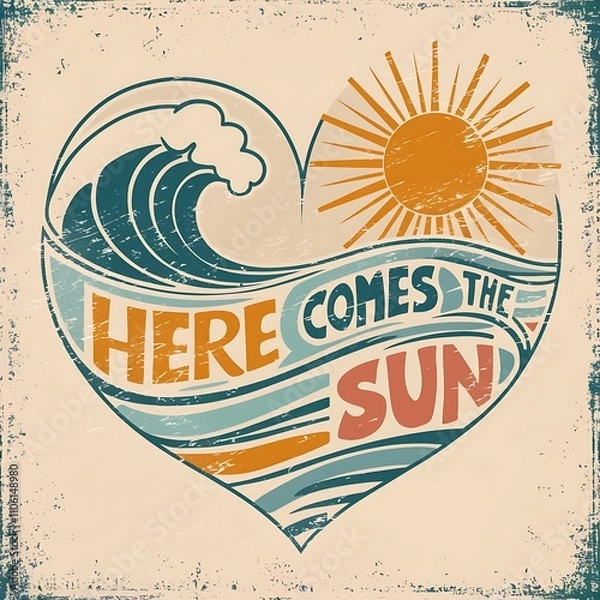 Fototapeta Here comes the sun hand drawn lettering template Beach vibes artwork. Summer design for t shirt print, sticker, background and other uses. Retro style illustration