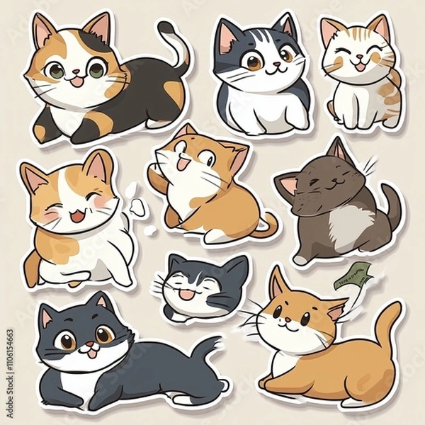 Fototapeta Cute cartoon cats in various poses and colors.