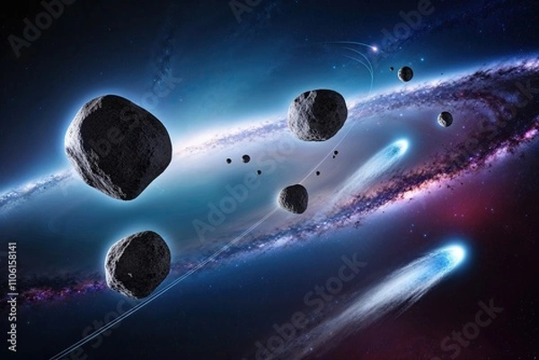 Obraz Asteroids and Comets in Motion Against an Abstract Galaxy Background