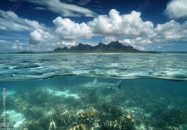 Fototapeta Serene Underwater Scene Featuring Shark Swimming in Clear Lagoon with Lush Coral Reef and Dramatic Mountains in Background Under Expansive Cloudy Sky