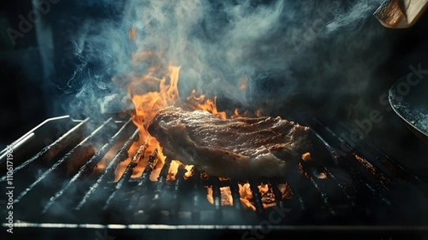 Fototapeta Juicy steak grilling over open flames with smoky aroma.