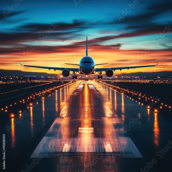 Obraz Airplane landing at dusk on runway showcasing speed and movement in the sky