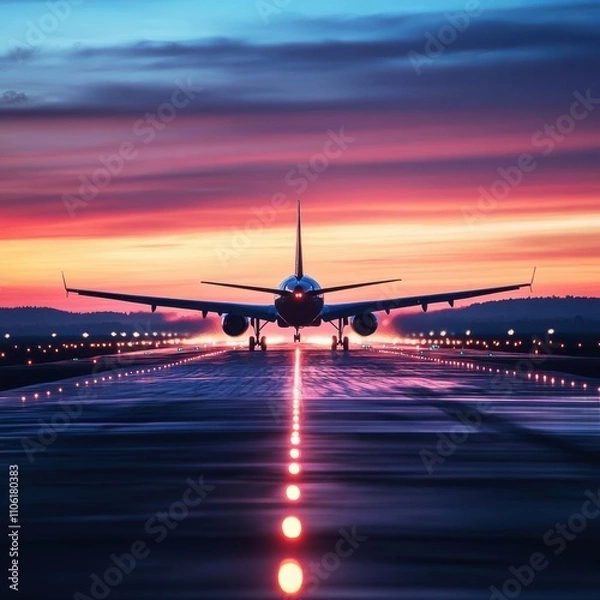Fototapeta Airplane in rapid movement landing on runway at dusk sky in motion dynamic view