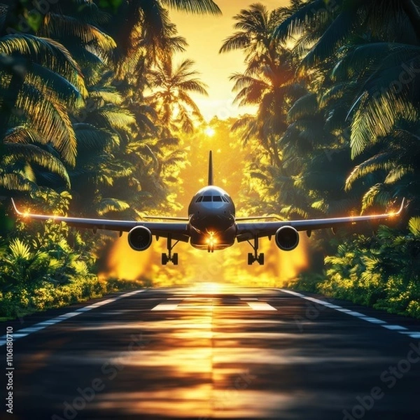 Obraz Airplane racing down runway with speed and movement under a dramatic sky