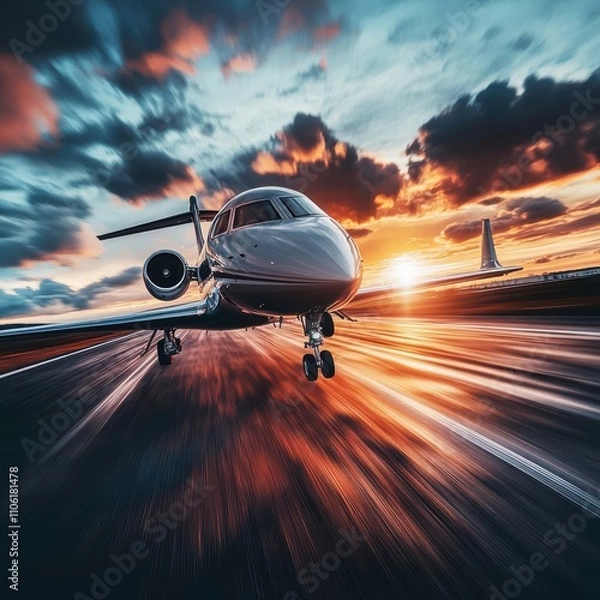 Obraz Airplane speeding down runway at sunset motion blur dynamic sky view
