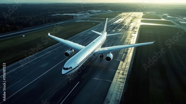 Obraz Commercial jet preparing for takeoff on runway under clear sky fast movement