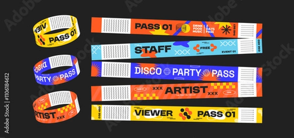 Obraz 5 colorful event wristbands in retro futuristic style. Vector illustration of colorful event bands for parties, festivals, events, disco, fan zone. Control ticket bracelets for staff and artist.