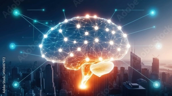 Fototapeta Digital Brain over City Skyline