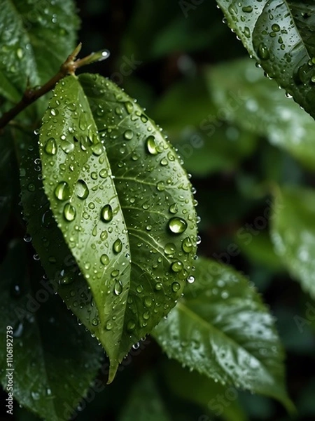 Obraz Green leaves with water droplets, representing freshness.