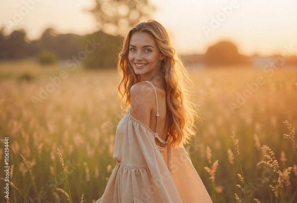 Fototapeta Beautiful smiling woman walking in a field at sunset