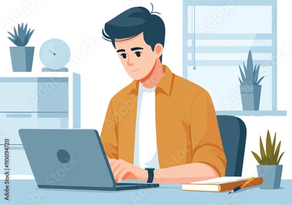 Fototapeta a boy is using his laptop vector