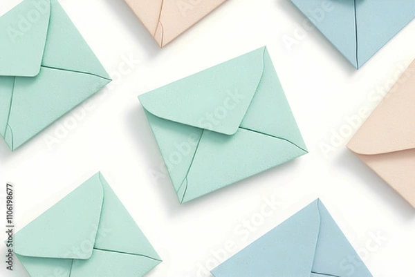 Fototapeta Colorful Paper Envelopes in Pastel Shades Arrange on a Light Background, Perfect for Invitations, Greeting Cards, or Stylish Correspondence Designs