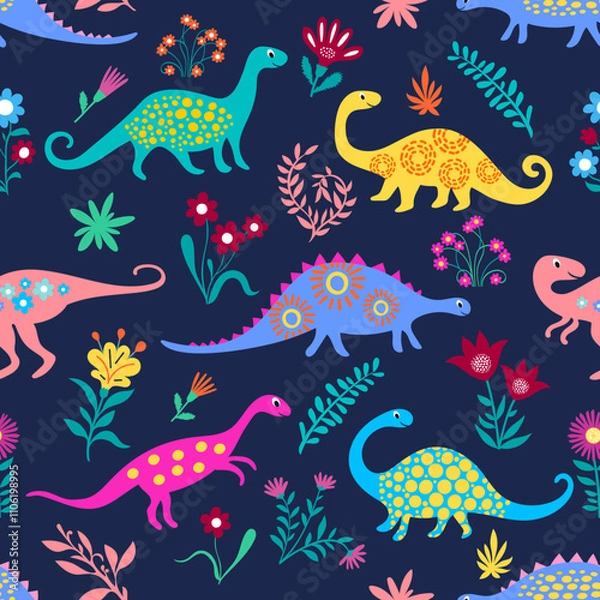 Fototapeta Patron de dinosaurios coloridos con flores