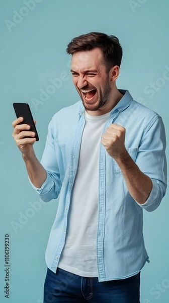 Obraz A man in his thirties, wearing a blue shirt and white t-shirt, is excitedly looking at the phone he's holding while standing on a light solid color background
