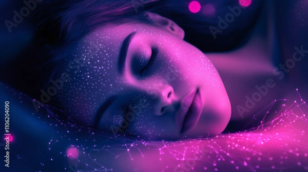 Fototapeta Model with star face paint and digital network connection, symbolizing dreams, augmented reality, or deep sleep